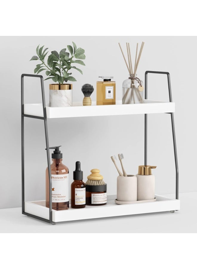 Bathroom Counter Organizer, 2 tier Bathrooom Organizer Over Toilet, Wood Countertop Corner Organizer Shelf for Vanity Accessories, Sink Organizer Tray for Makeup Bedroom (White-Grey) - Image 1